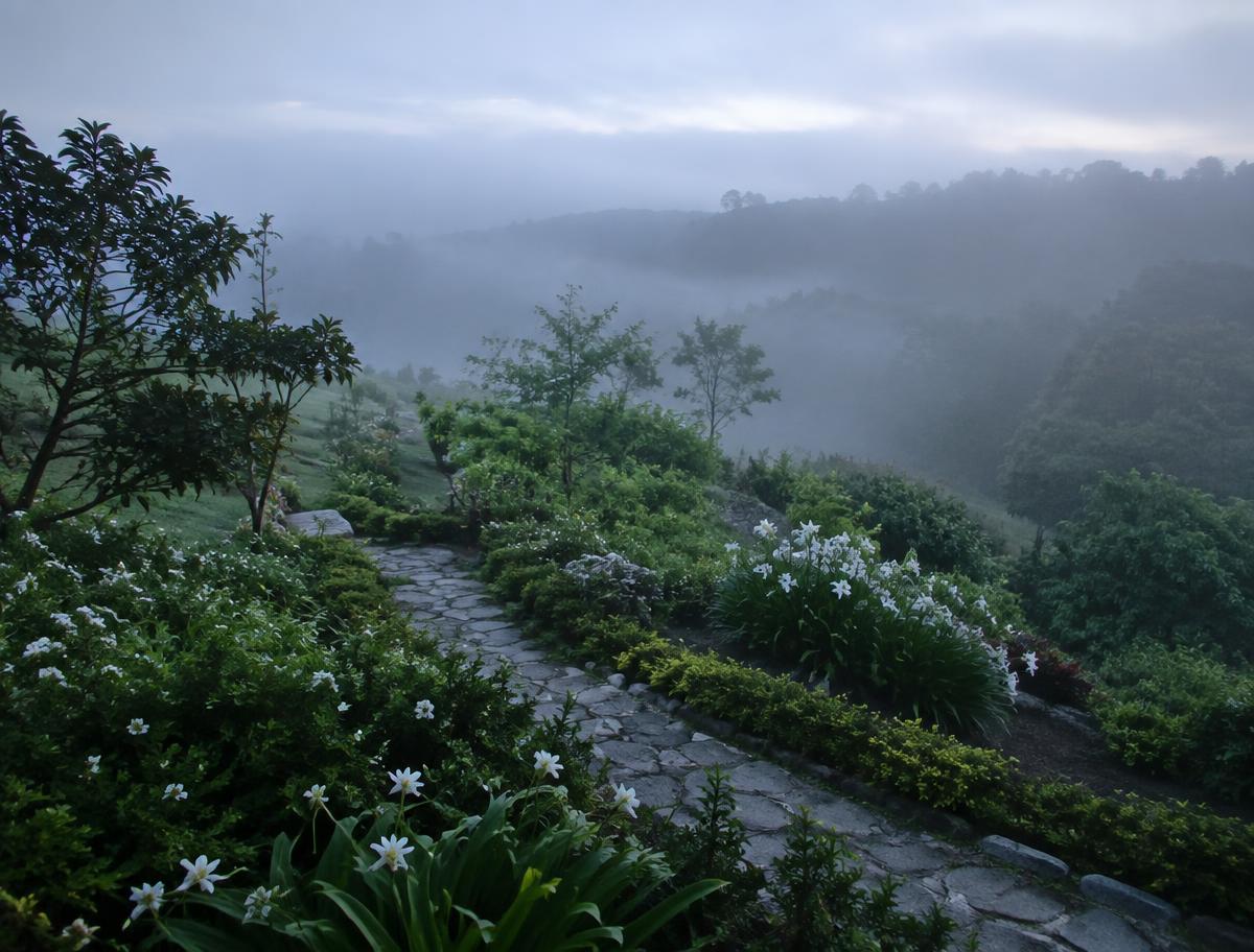 Jardín de la memoria entre neblina